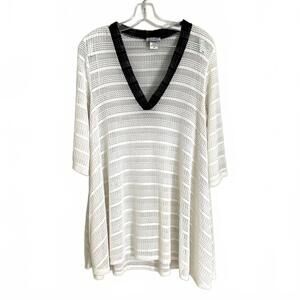 Jordan Taylor Swim Cover-Up Tunic Medium Black White Sheer V-Neck Bell Sleeve